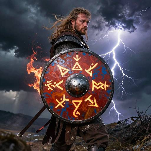 Photograph of a fierce Viking warrior with long hair, black armor, and a red shield with runes, standing against a stormy sky with lightning.