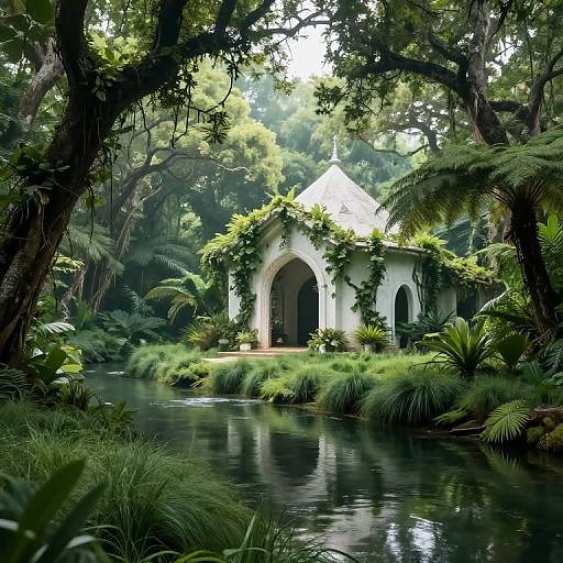 Photograph of a secluded white gazebo with arches, surrounded by lush greenery and ferns, reflected in a tranquil, tree-lined pond.
