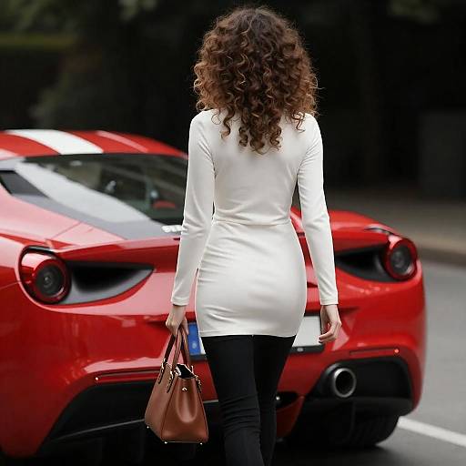 Curly-Haired Woman Approaches Red Ferrari