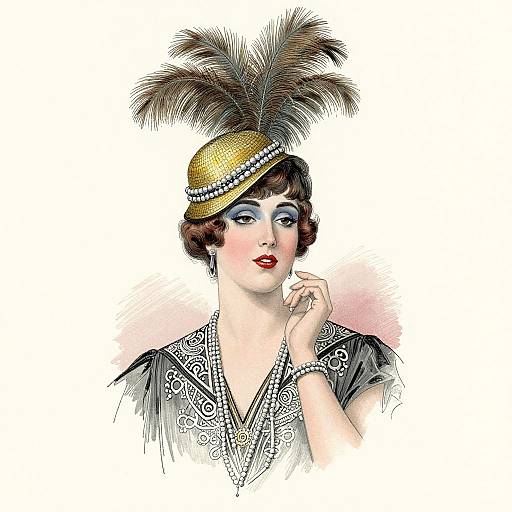 Vintage illustration of a fair-skinned woman with red lips, wearing a black and white patterned dress, and a gold hat with a large feather,