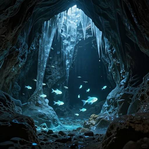 Photograph of a dark, cavernous ice cave with glowing blue fish swimming beneath hanging icicles, illuminated by ethereal blue light.