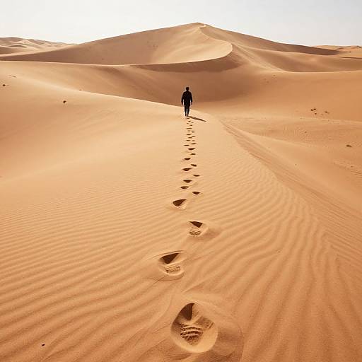 Photograph of a solitary figure walking through vast, rippled golden sand dunes, leaving a trail of footprints, under a bright white sky.