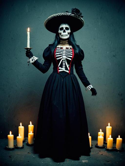 Woman in La Muerte Costume with Candles