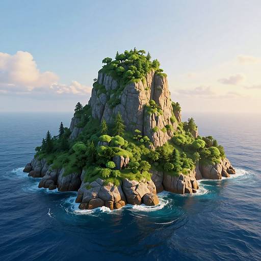 Photorealistic digital artwork of a rocky island with lush green trees, surrounded by deep blue ocean, under a bright, clear sky.