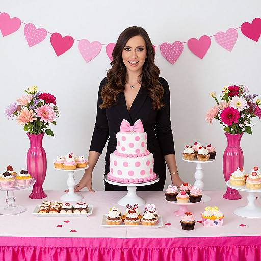 Photograph of a smiling woman with long brown hair in a black blazer, standing behind a pink-themed cupcake and cake table with pink heart b