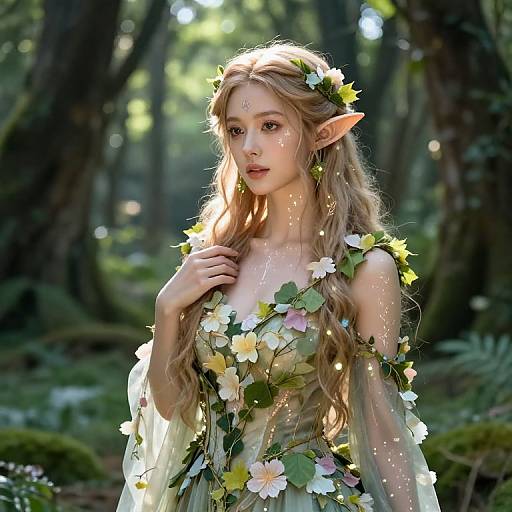 Digital fantasy artwork of a beautiful, elf-like woman with long blonde hair, pointed ears, and floral dress, standing in a sunlit forest. Light