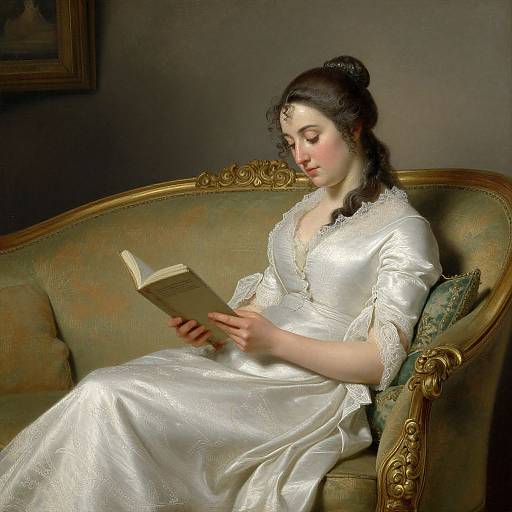 Photograph-style digital art of a fair-skinned woman with dark hair in an elegant white lace dress, reading a book on a gold-ornate