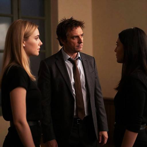 Photograph of a serious, disheveled man in a dark suit, standing between two women in black clothing, dimly lit room.