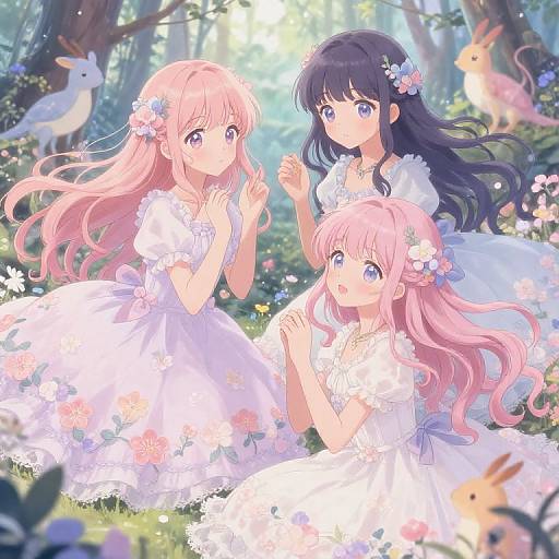 Anime-style digital drawing: Three cute girls with long hair, wearing white, floral dresses, sitting in a sunlit forest, surrounded by rabbits and flowers