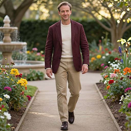 Photograph of a smiling middle-aged man with short brown hair, wearing a burgundy blazer, white sweater, beige pants, and black shoes,