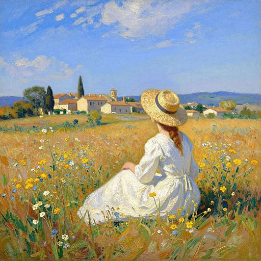 Impressionist-style painting of a woman in a white dress and straw hat, sitting in a sunlit meadow with wildflowers, gazing at