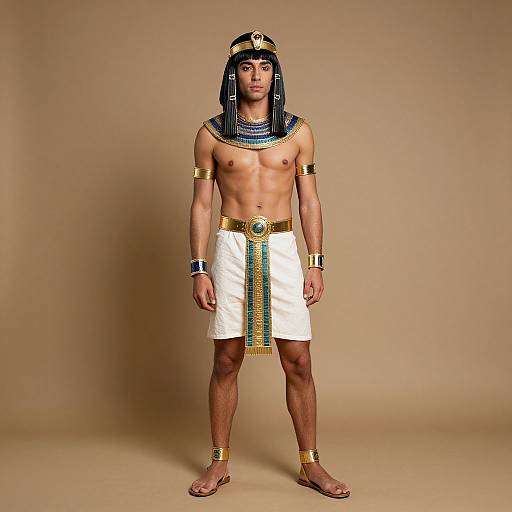 Photograph of a young, slim, dark-skinned man in ancient Egyptian attire: white kilt, gold and blue accessories, headdress, brown