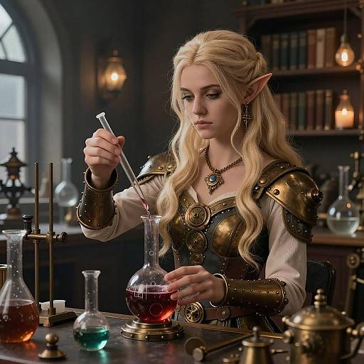 Digital art of a blonde elf woman in medieval armor, mixing potions in a dim, library-like laboratory with glass beakers.