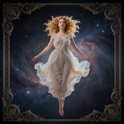 Digital artwork of a floating, ethereal woman with curly blonde hair, wearing a flowing white dress, against a cosmic background, framed by ornate patterns