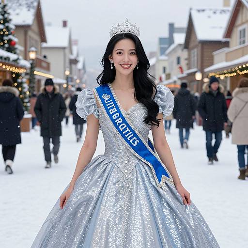 Photograph of an Asian woman with long black hair, wearing a silver sparkling princess dress, blue sash reading 