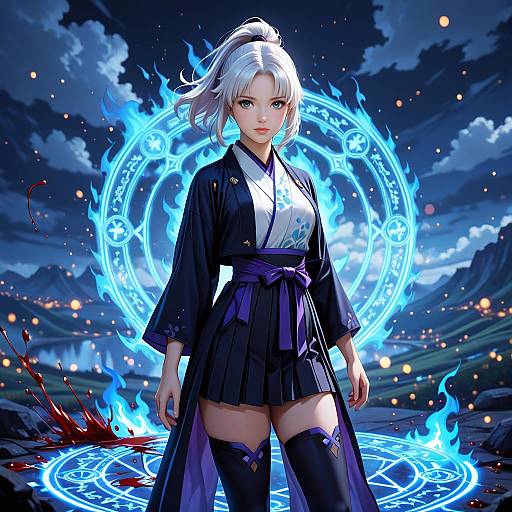 Mystical Japanese Girl with Blue Flames