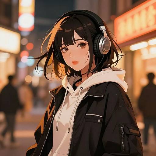 Anime-style digital artwork of a black-haired girl with headphones, wearing a black jacket and white hoodie, in a brightly lit, bustling urban street at night