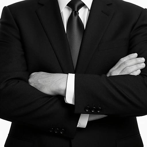 Black-and-white photograph of a man in a dark suit, white shirt, and black tie, arms crossed, with a visible hand resting on his wrist