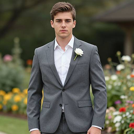 Photograph of a young, handsome man with dark hair in a grey suit, white shirt, and white rose boutonniere, standing in a