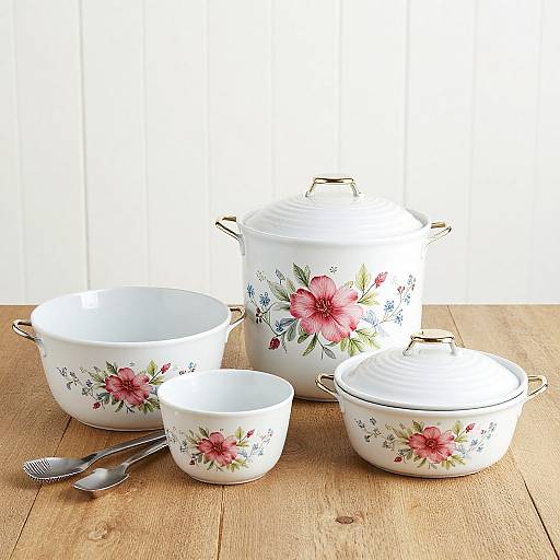 Photograph of white floral-patterned ceramic cookware set with pink hibiscus flowers, including a large pot, two smaller pots, a bowl