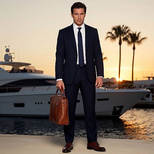Photograph of a handsome man in a black pinstripe suit, white shirt, and black tie, holding a brown leather briefcase, standing in