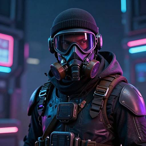 Cyberpunk-style photograph of a masked man in black tactical gear, gas mask, and beanie, with neon-lit urban background.
