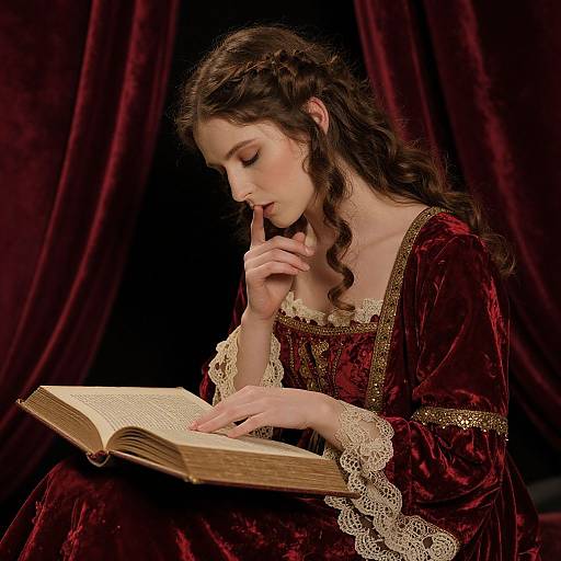 Photograph of a fair-skinned woman with long, wavy brown hair, wearing a rich burgundy velvet gown with lace trim, reading an open