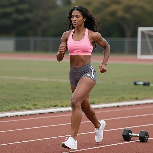 Muscular Black Woman Running on Track