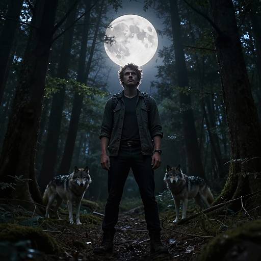 Photograph of a rugged man with curly hair, dark jacket, and jeans standing in a moonlit forest, flanked by two wolves. Full moon