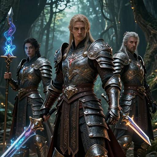 Photorealistic CGI of three armored warriors with glowing swords in a dark, misty forest. Lead warrior with blonde hair, flanked by dark-haired