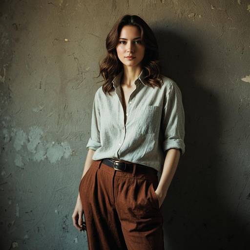 Woman in Vintage Casual Outfit Against Rustic Wall
