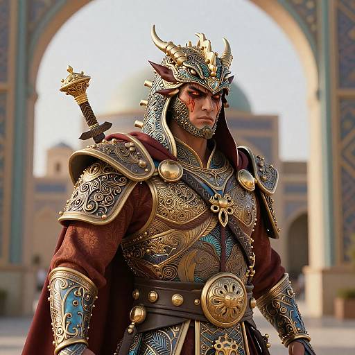 Intricately Armored Warlord with Dragon Helmet