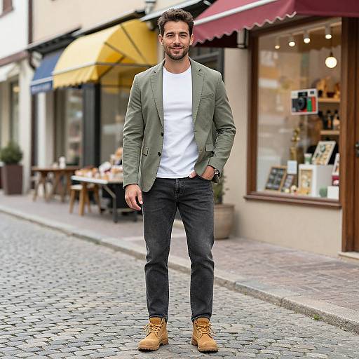 Photograph of a bearded man with dark hair, wearing a green blazer, white shirt, black jeans, and tan boots, standing on a