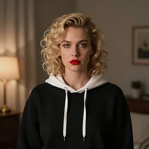 Blonde Woman in Black Hoodie with Red Lipstick