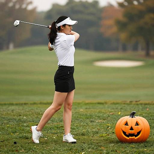 Woman Playing Golf with Halloween Pumpkin
