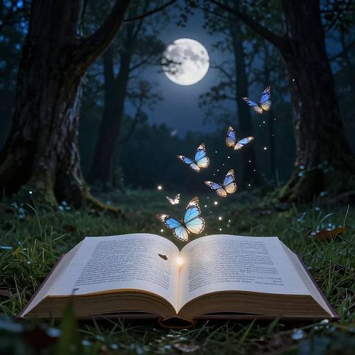 Photograph of an open book on grass, with glowing blue butterflies emerging from it, under a full moon in a dark forest.