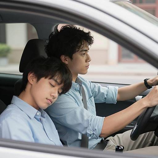 Two Men in Car with Passenger Resting Head
