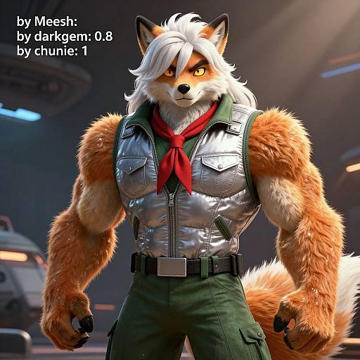 CGI anthropomorphic fox with orange fur, white hair, muscular build, green pants, silver vest, red scarf; futuristic background, text 