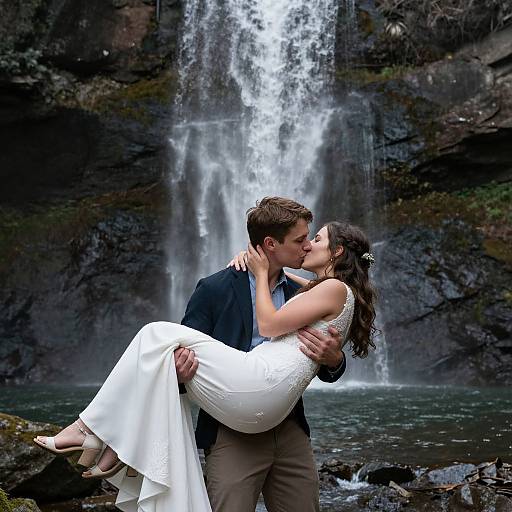 Photograph of a groom in a black suit and brown pants, kissing his bride in a white, beaded dress, standing in front of a casc