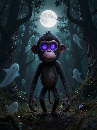 Spooky Stylized Monkey in Eerie Forest