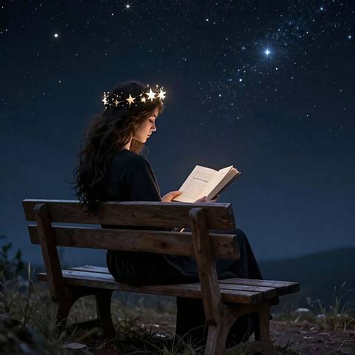 Nighttime photograph of a woman with long, curly hair and a star crown, reading a glowing book on a wooden bench under a starry sky.