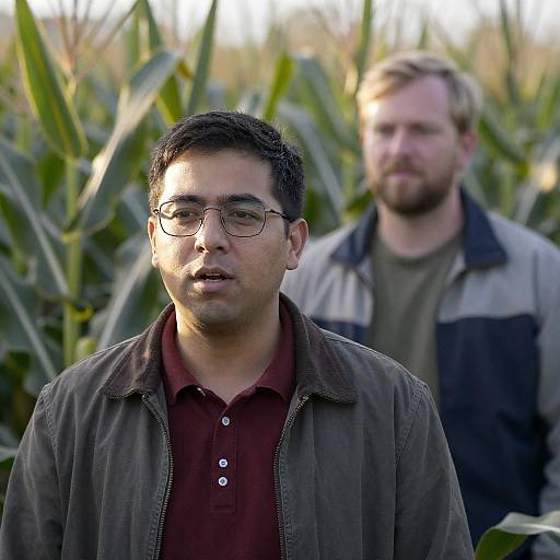 Two Men in Sunlit Cornfield