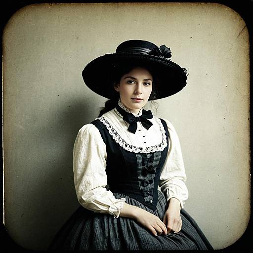 Vintage photograph of a young woman with fair skin, dark eyes, and brown hair in a braided bun. She wears a black wide-brimmed