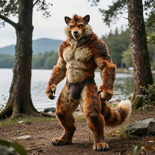 Photorealistic digital artwork of a muscular, anthropomorphic red fox standing in a forest by a lake, wearing black briefs, with a confident expression