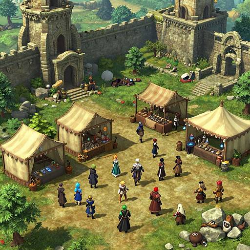 CGI medieval market scene with colorful villagers in period clothes, three beige tents, stone castle ruins, and greenery in the background.