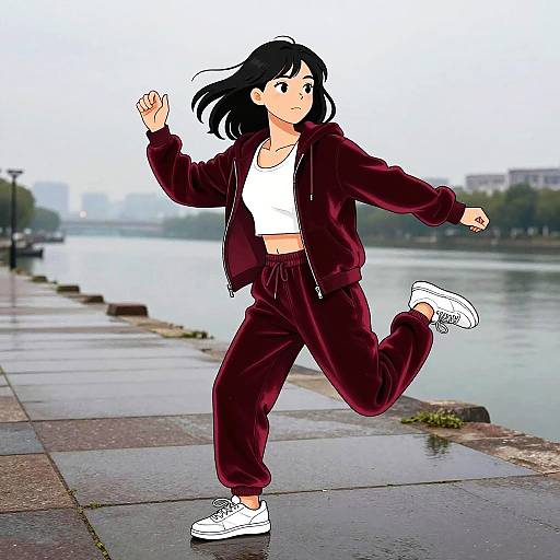 Youthful Female Sprinter in Red Tracksuit