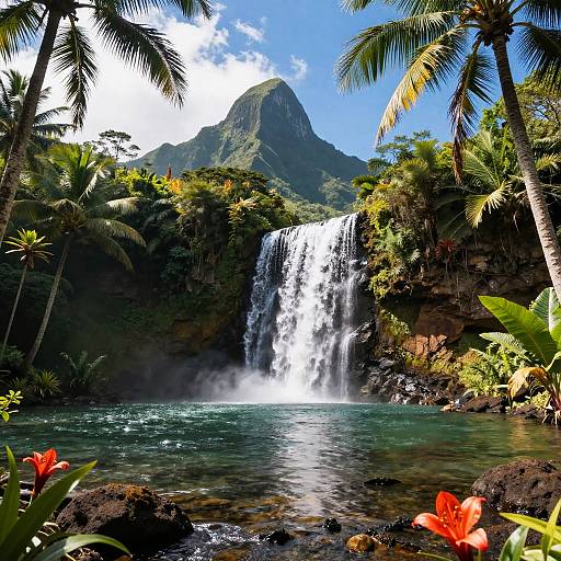 Tropical Island Mountain Waterfall Scene