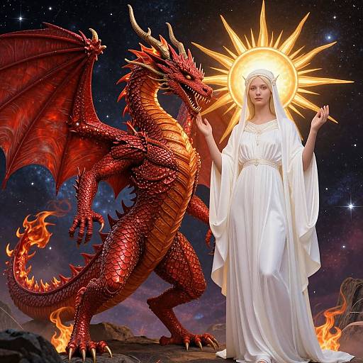 Digital art: Angelic woman in white gown with glowing halo stands beside red dragon with fiery wings and tail against a starry night sky.