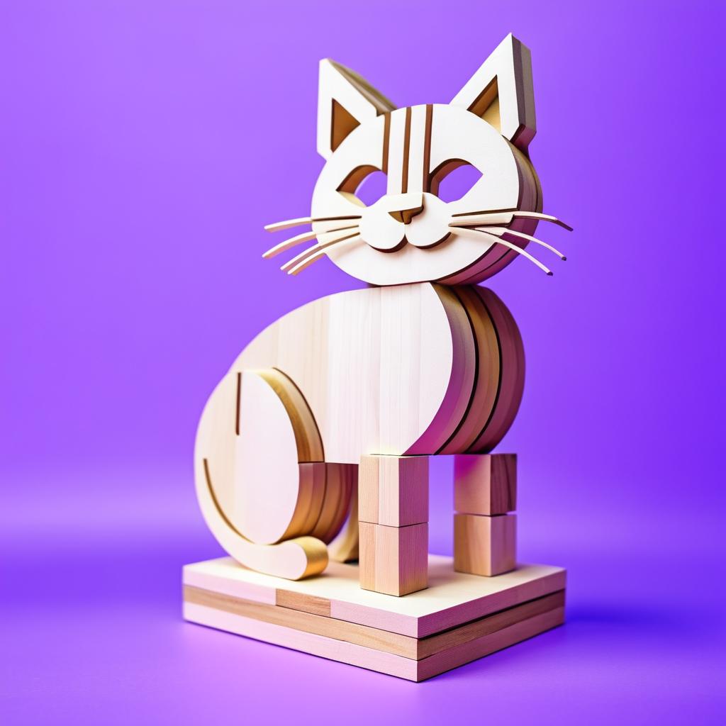 Wooden Block Cat on Violet Background