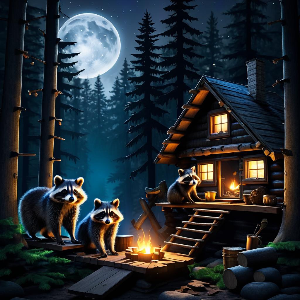 Mischievous Raccoons in a Cozy Cabin